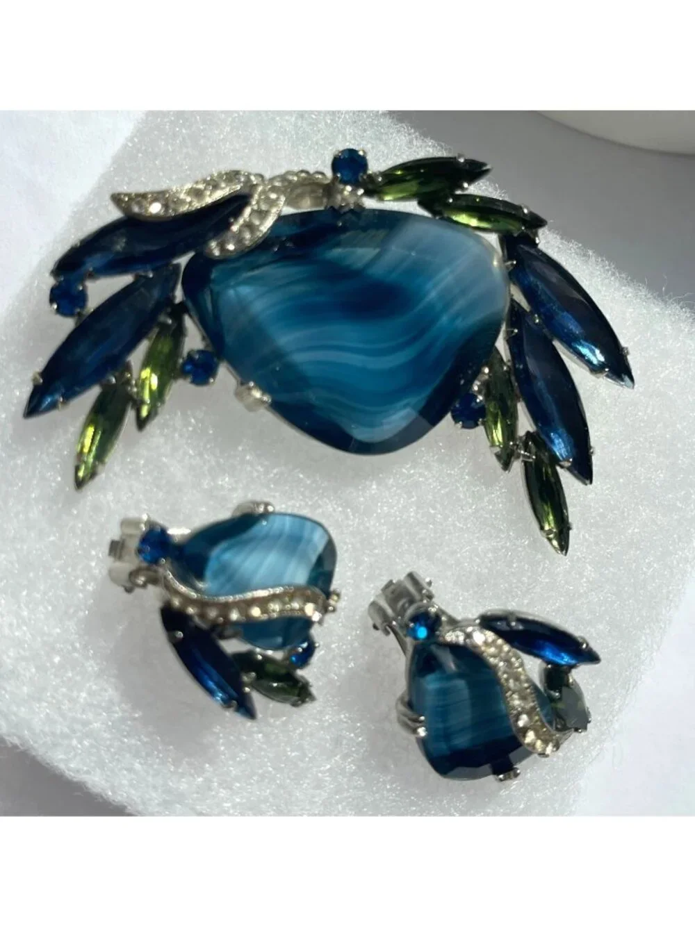 Vtg Blue Glass Givre & Navette Open Back Stones Rhinestone Brooch & Clip-On Earr